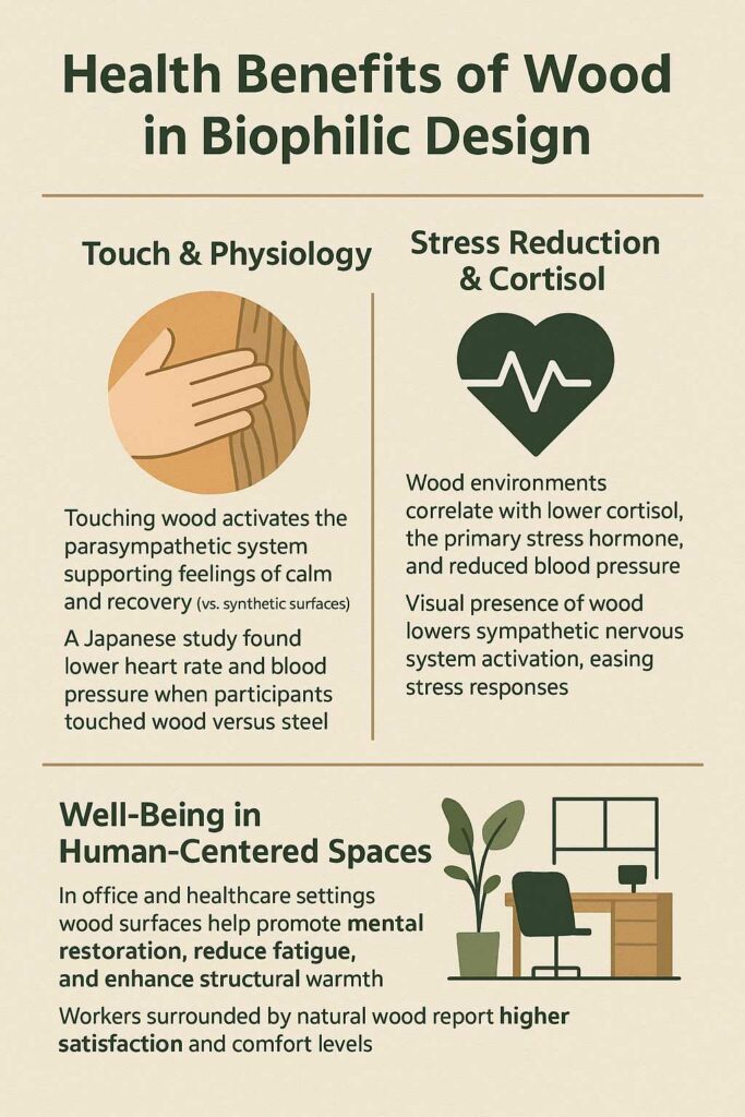 Wood's health and biophilia: what happens to your body when you’re surrounded by wood 2 Health benefits of using wood in biophilic design, including stress reduction, improved mental well-being, and increased satisfaction in work and healthcare environments.